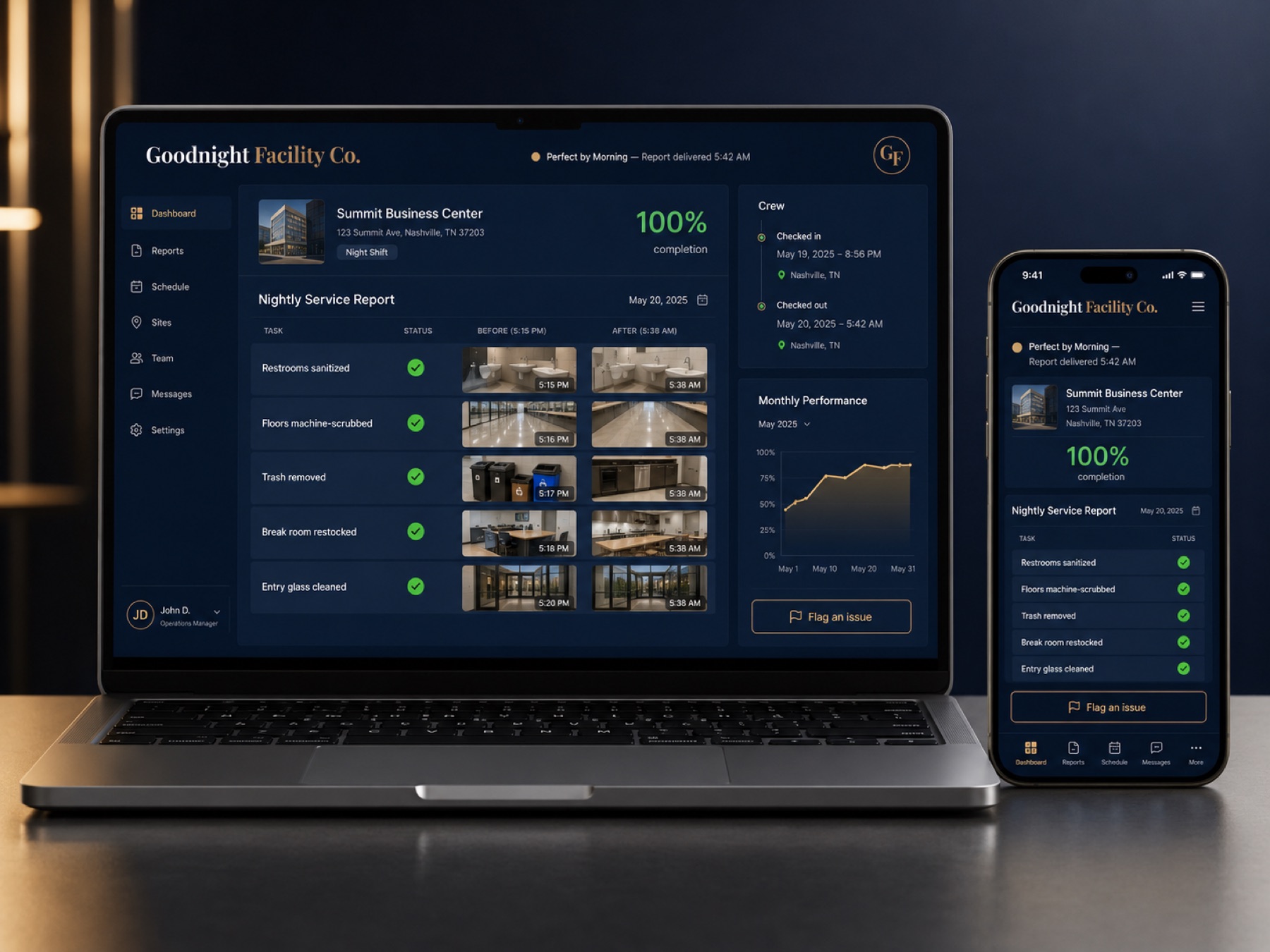 The Goodnight Morning Report on laptop and phone: nightly service report with before-and-after photos, crew check-in times, and completion score